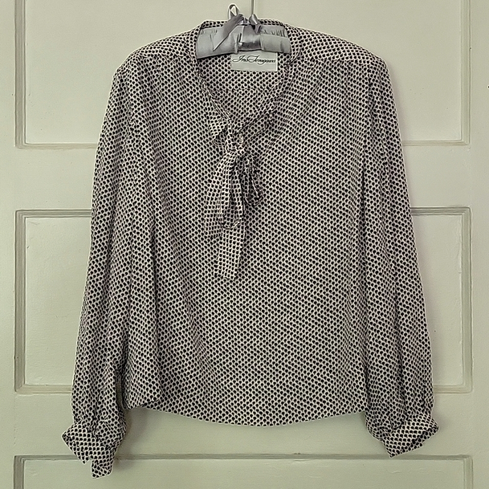 Iris Teragawa Designer Vintage Dainty Floral Print Silk Blouse with Bow Neck Tie